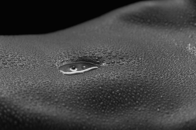 A detailed view of numerous small water droplets gathered on a smooth, curved surface with one larger droplet in focus at the center