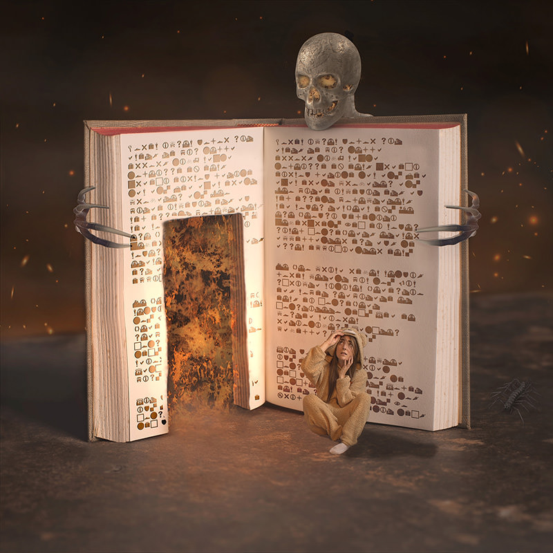 A giant open book with strange symbols and a burning doorway inside. A skull with glowing eyes and skeletal hands hold the book. A woman in a beige outfit crouches on the ground in front of the book, looking up with a worried expression. A scorpion is nearby on the ground.