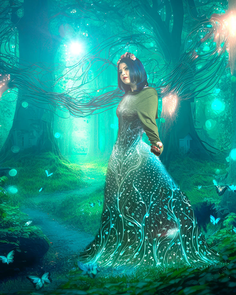 Woman with dark hair and floral headband wearing a long glowing dress with intricate patterns, standing in a luminous forest surrounded by trees, butterflies, and ethereal light orbs.