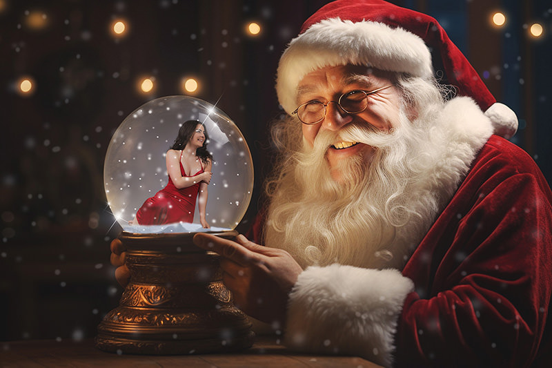 Santa Claus in red suit and hat smiling while holding an ornate snow globe containing a woman in a red dress inside, surrounded by falling snowflakes