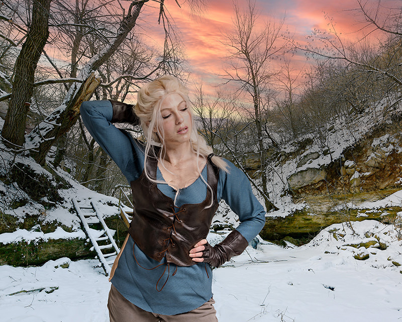 Person with long blonde hair and medieval-style clothing standing in snowy forest with a pink and orange sunset sky in the background