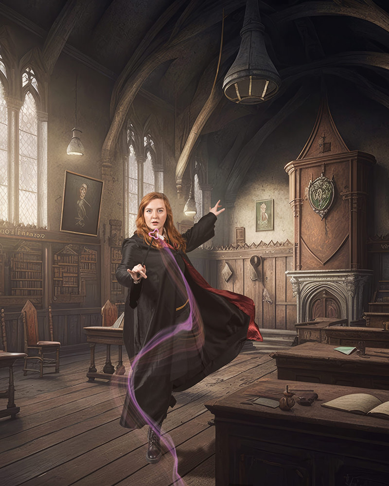A young woman with red hair wearing a black and red magician's robe stands in an old, gothic-style classroom with wooden floors and arched windows. She holds a wand emitting purple magical energy while striking a dramatic spell-casting pose.